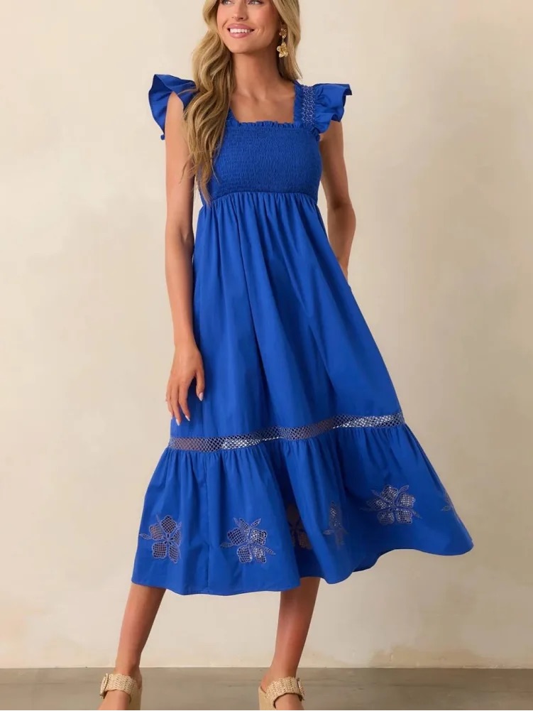 Nwt - Skies Are Blue | Embroidered Cotton Smocked Midi Dress